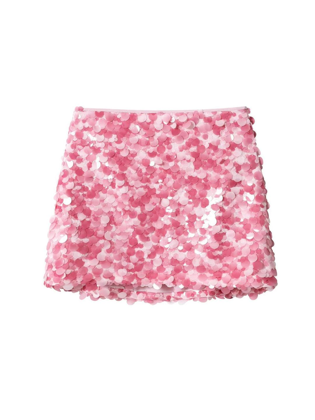 Pink sequin mini skirt covered with densely packed round coin sequins in varying pink and white hues.