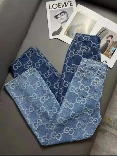 Denim printed wide-leg pants by SR Store with blue monogram pattern