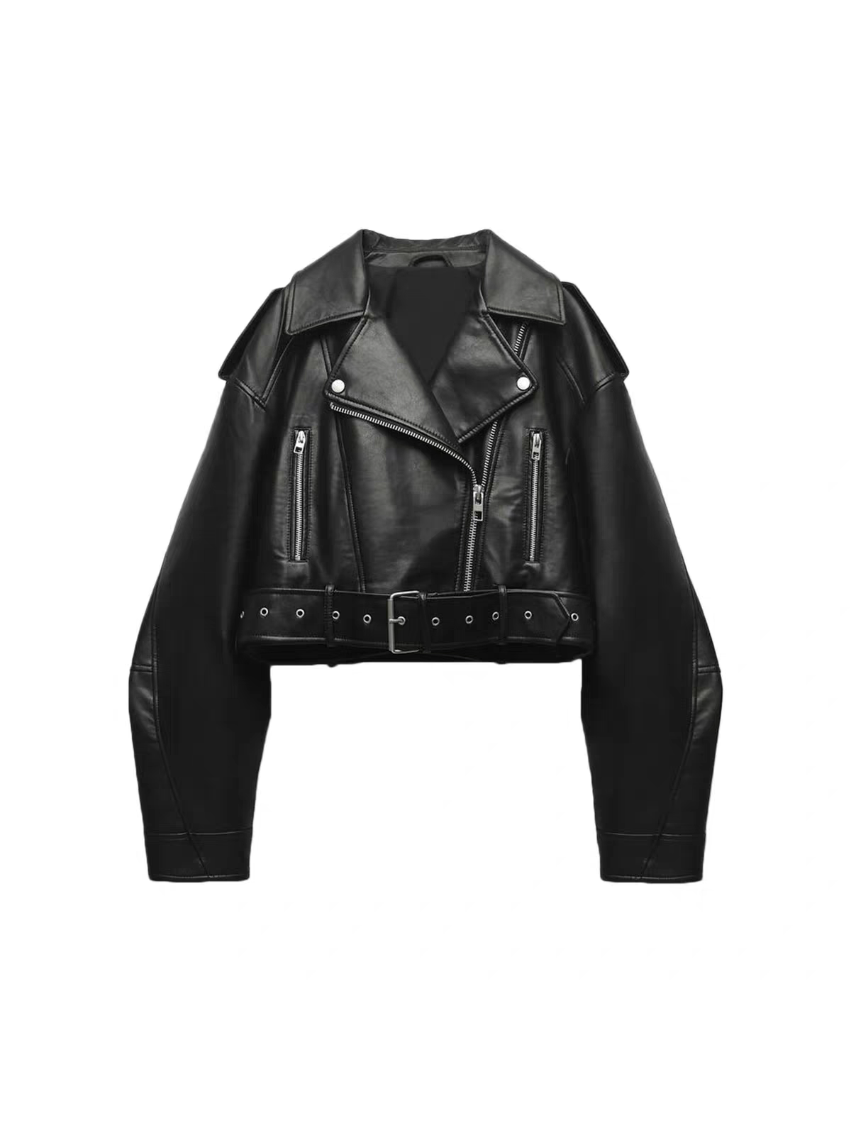PU Leather Lapel Collar Crop Jacket With Belt by EXCLUSIVES, black