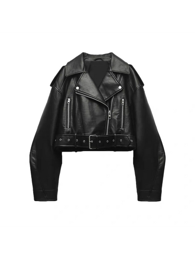 PU Leather Lapel Collar Crop Jacket With Belt by EXCLUSIVES, black