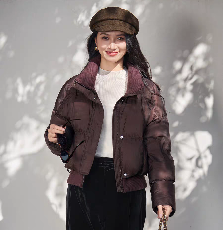 Ribbed Bomber Jacket by SR Store in burgundy, puffer style