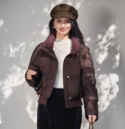 Ribbed Bomber Jacket by SR Store in burgundy, puffer style