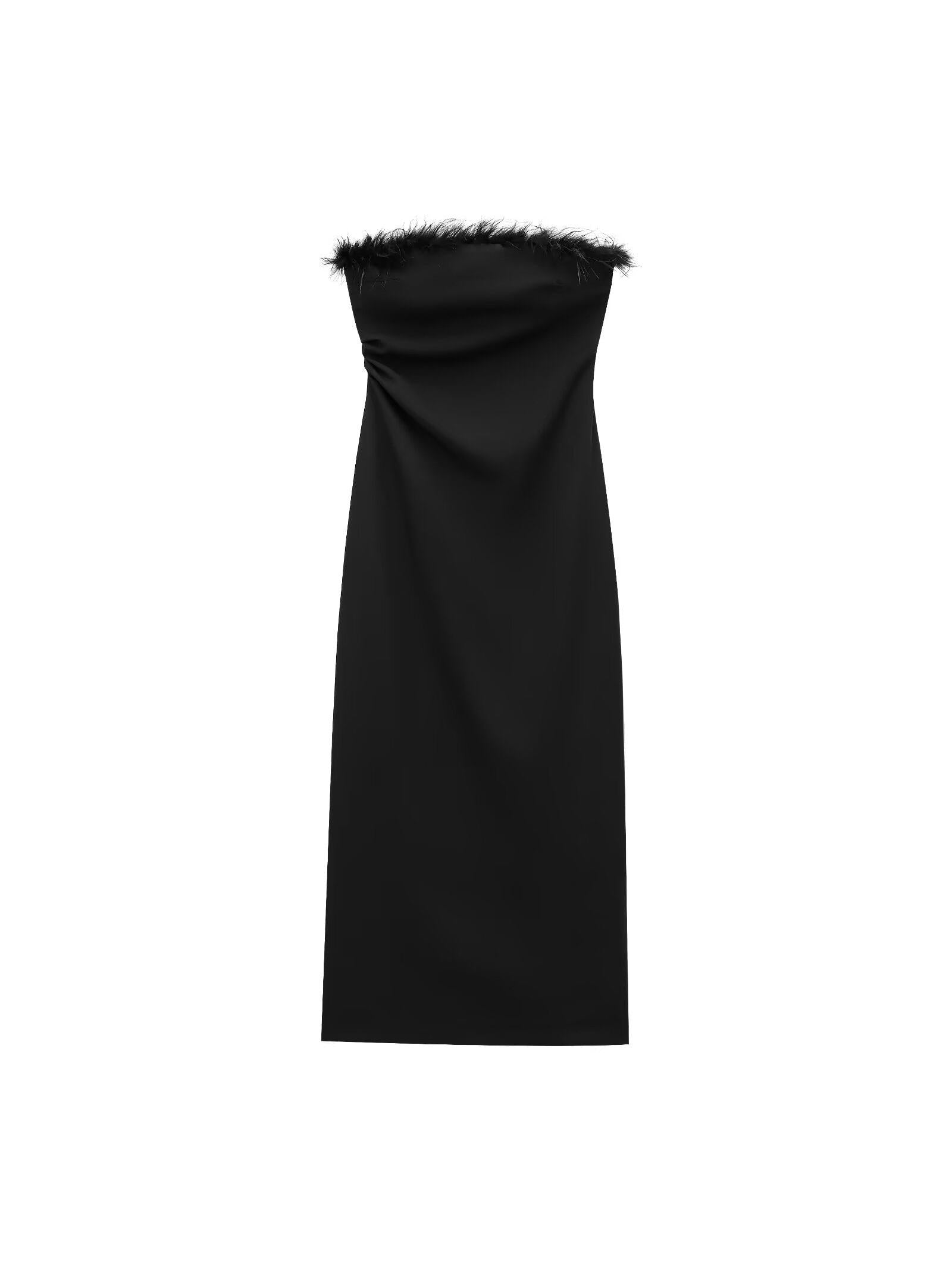 Black Feather Tube Slit Midi Dress
