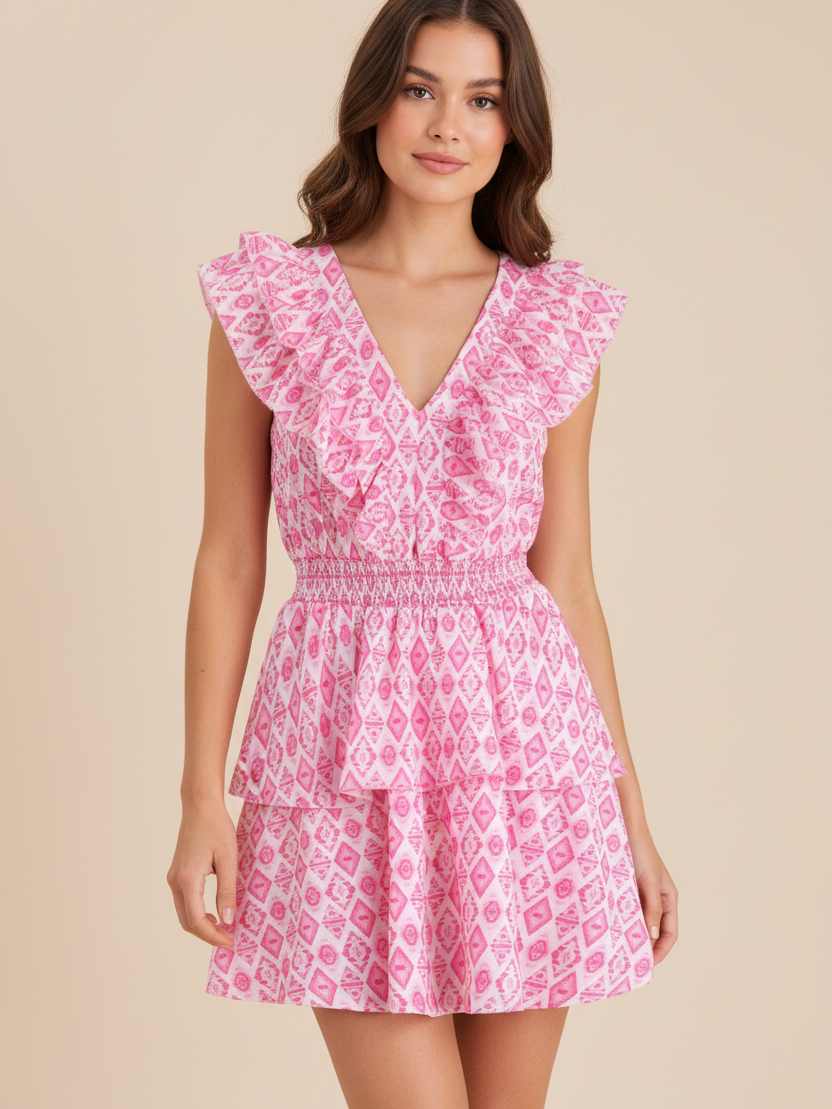 Printed V Neck Ruffle Short Dress
