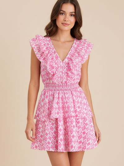 Printed V Neck Ruffle Short Dress