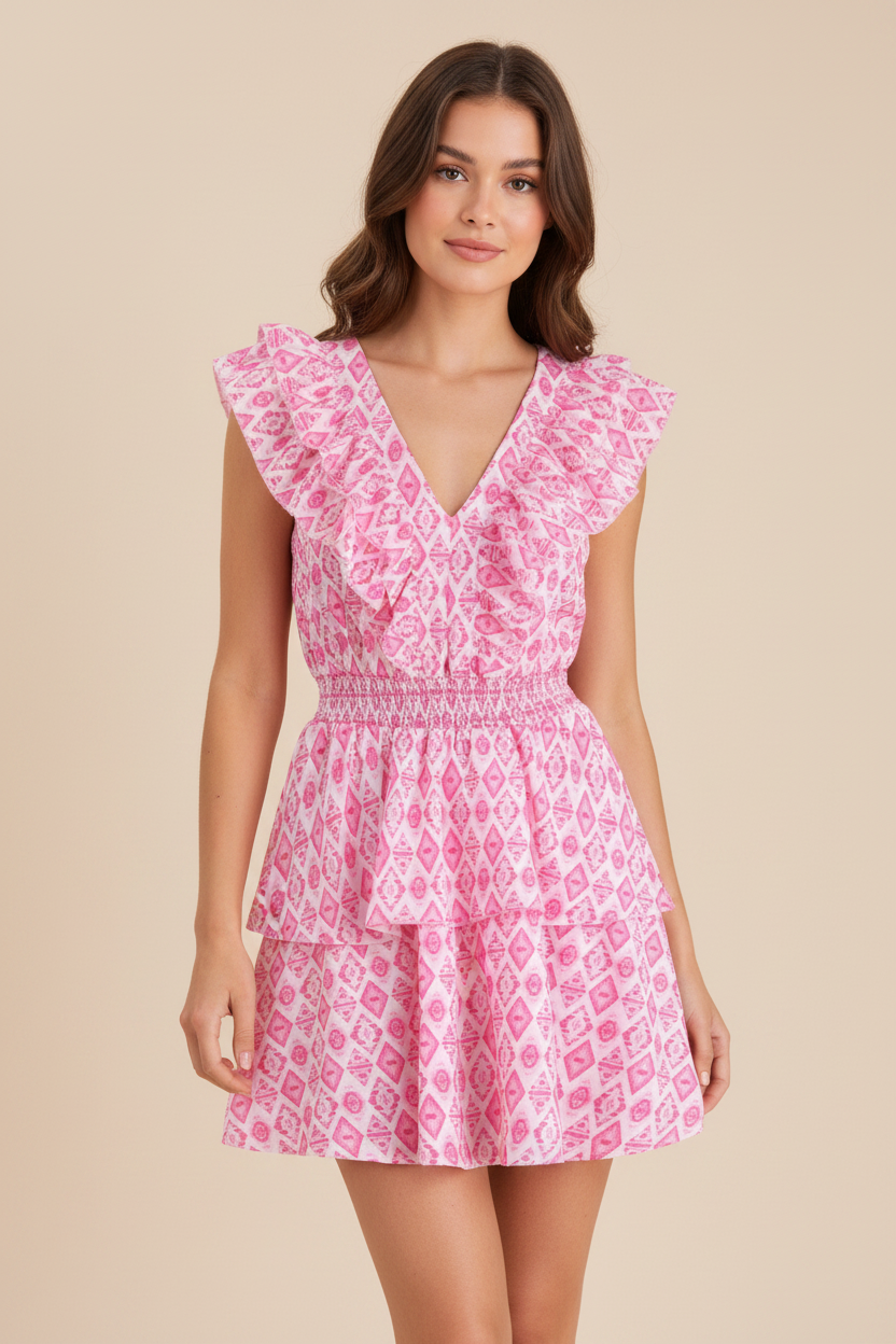 Printed V-Neck pink ruffle short dress with smocked waist, SR Store