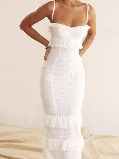 White Seraphine ruffle eyelet maxi dress with spaghetti straps and tiered ruffles
