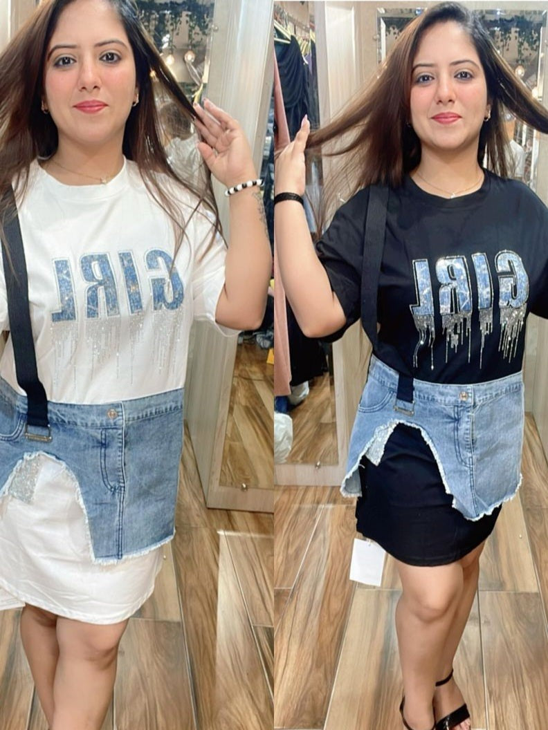 Rhinestone Denim Patch T Shirt Dress