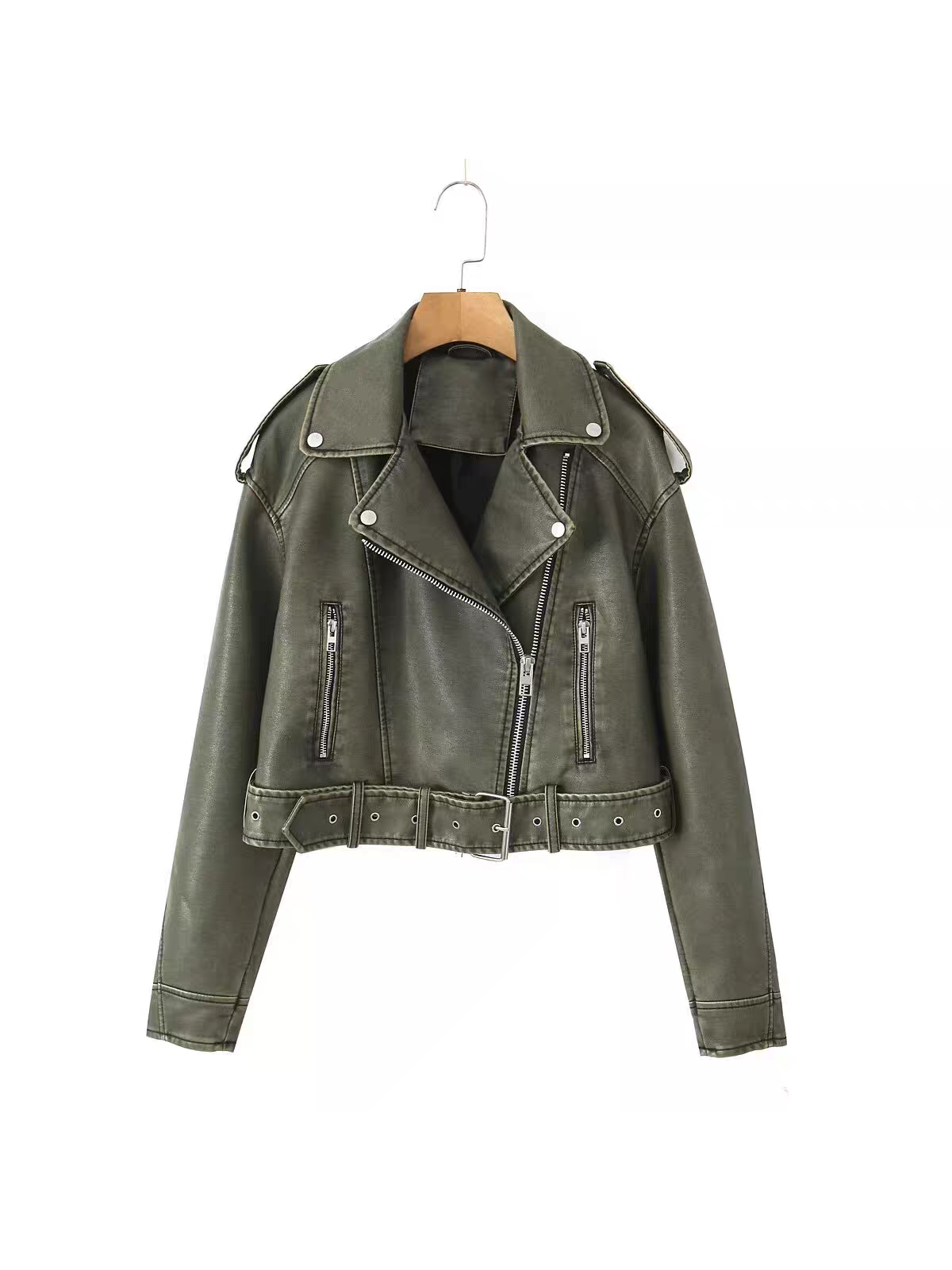 EXCLUSIVES PU leather lapel-collar crop jacket with belt in olive green