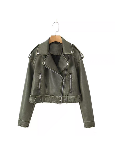 EXCLUSIVES PU leather lapel-collar crop jacket with belt in olive green