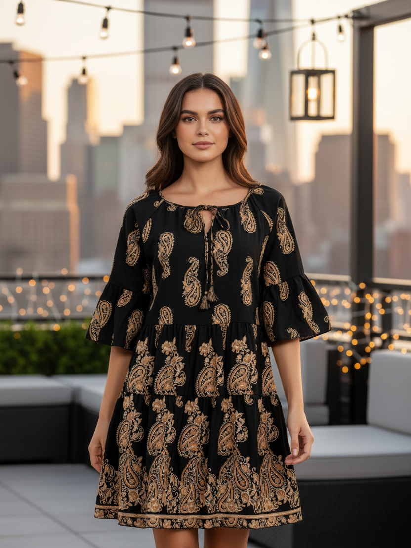 Paisley Print A-Line Dress by SR Store, black with tan paisley pattern, on sale.