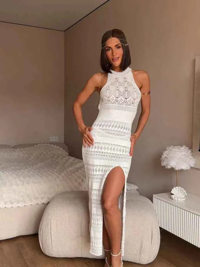 Crochet Knit Side-Slit Midi Dress
