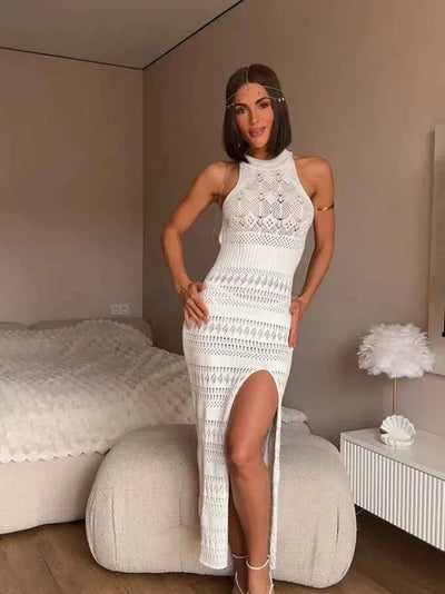 Crochet Knit Side-Slit Midi Dress