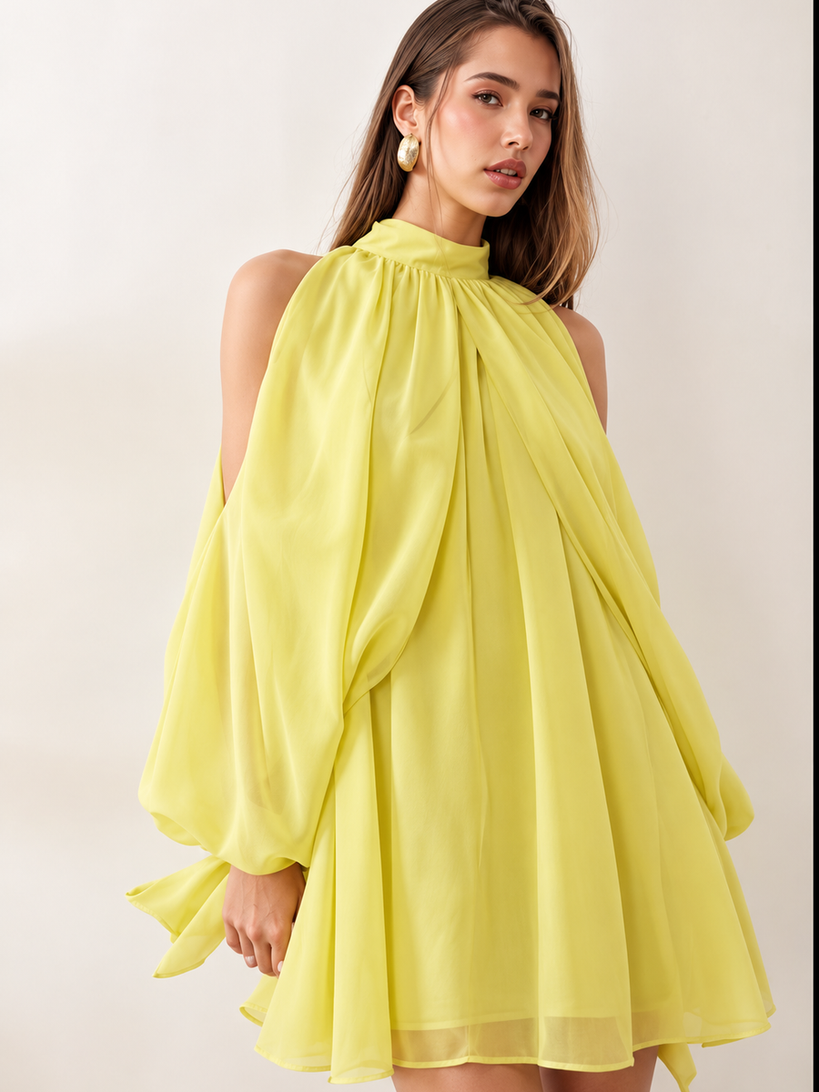 Chiffon Swing Mini Dress in bright yellow; halter neckline, voluminous sleeves, short flowy skirt