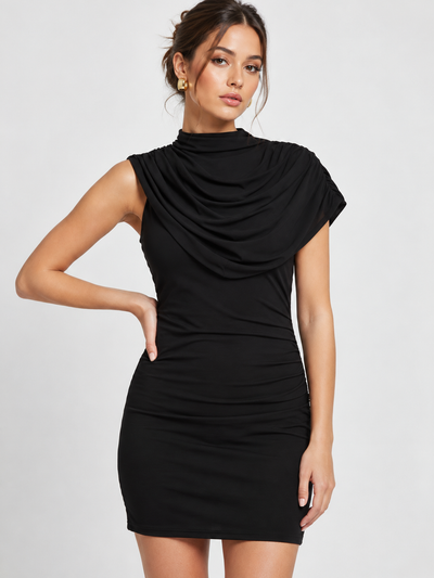 Exclusives black asymmetric drape-shoulder bodycon mini dress, sleeveless, fitted