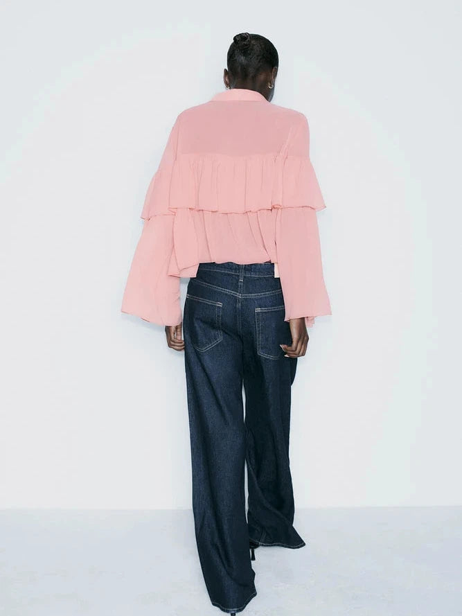 Drawstring Collar Ruffle Blouse Top