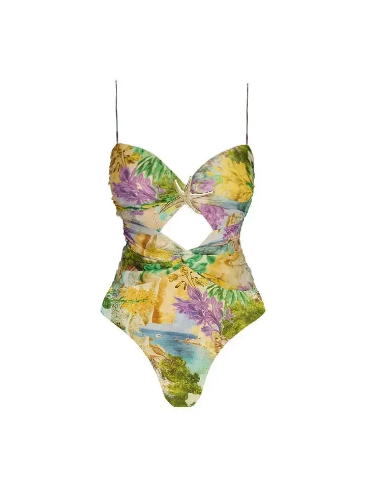 Tropical Print Cut-Out Swimsuit & Maxi Skirt Set