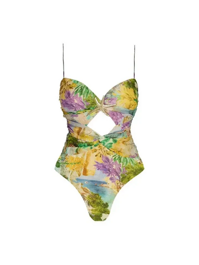 Tropical Print Cut-Out Swimsuit & Maxi Skirt Set