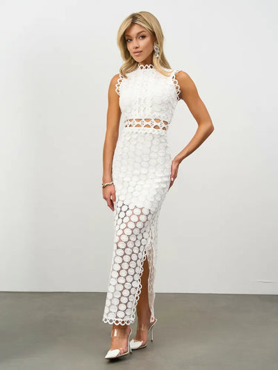 Crew Neck Laser Sleeveless Slit Maxi Lace Dress