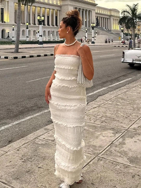 Lace Spaghetti Strap Ruched Shimmer Slit Maxi Dress