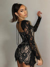 Lace Corset Full Sleeves Ruched Ribbon Short Dress