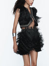 Tassel Fringe Velvet Waist Coat Vest Mini Skirt Set