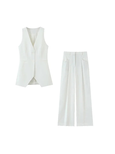 Long Vest Blazer & Wide Leg Pants Coord Set