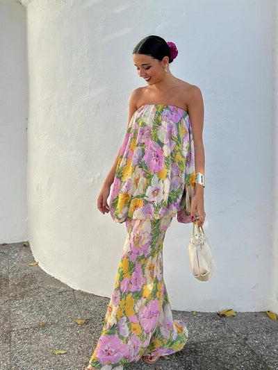 Pastel Floral Layered Ruffle Maxi Skirt