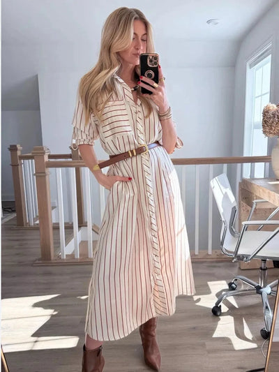 Striped Belted Midi Shirt Dress