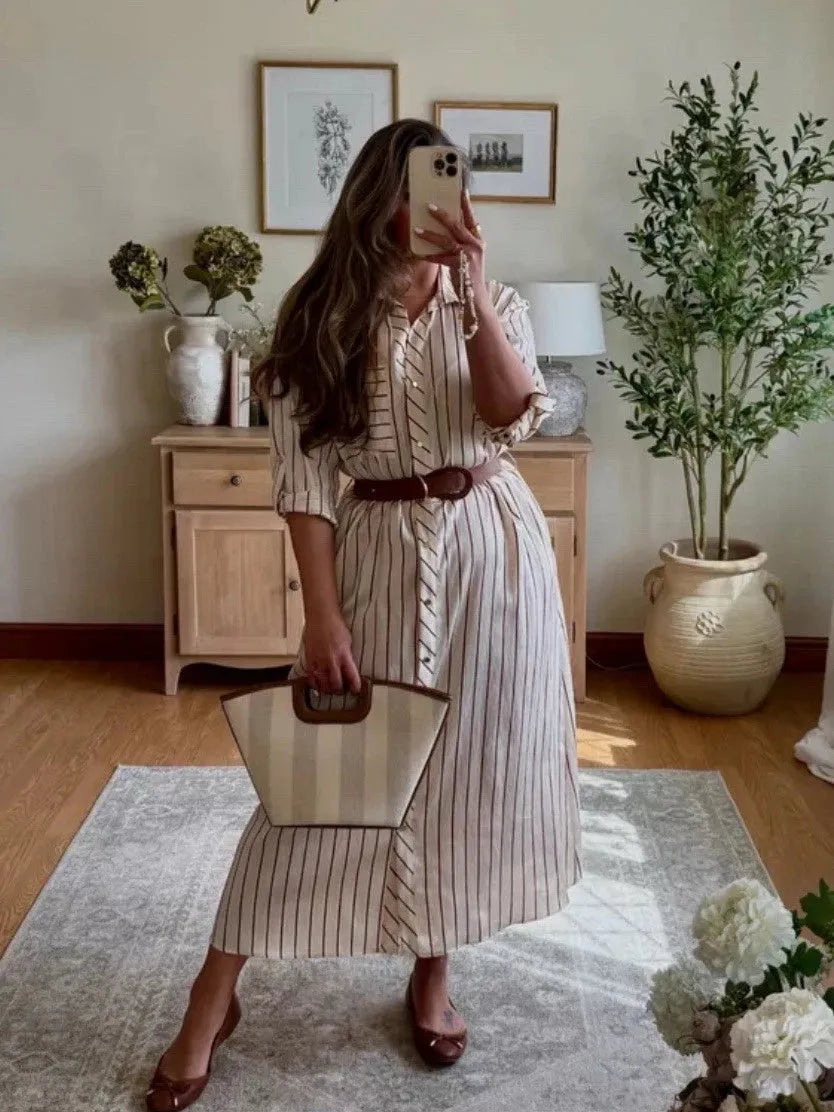 Striped Belted Midi Shirt Dress