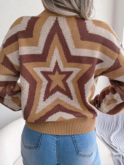 Star Print Long Sleeve Pullover Sweater by Exclusives, knit sweater in tan, brown, ivory with a bold star pattern