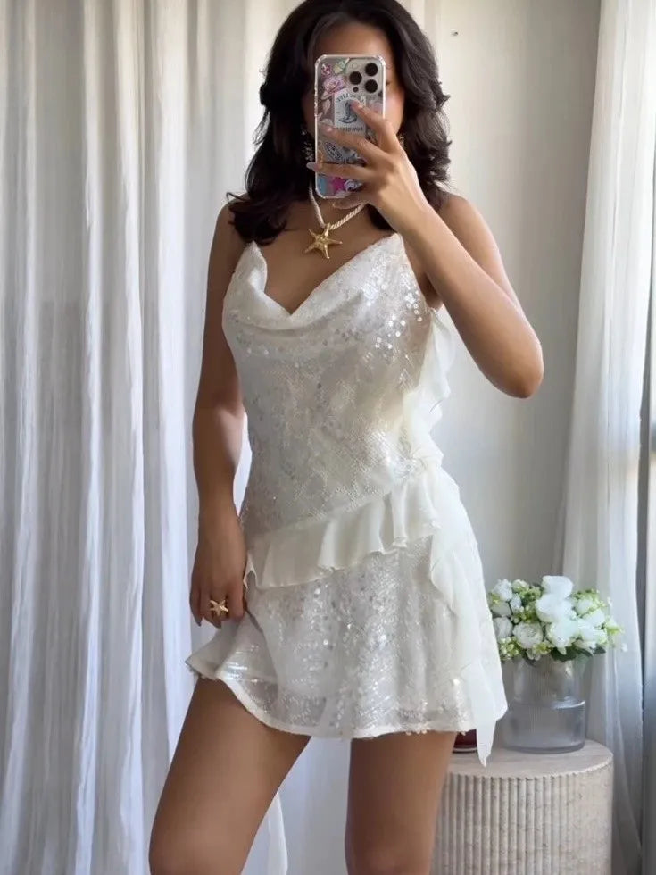 White  Asymmetric Ruffle Sequins Short Dress
