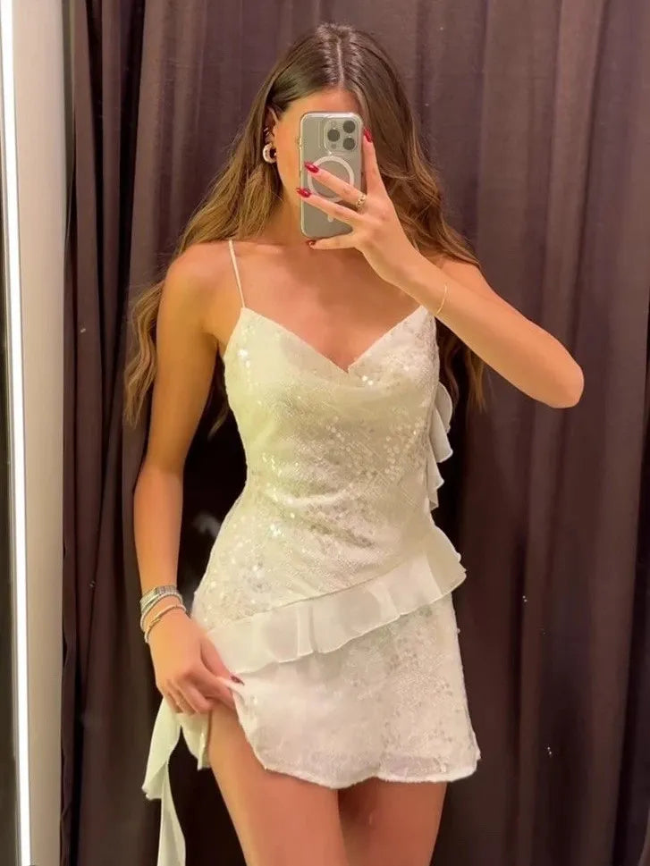White  Asymmetric Ruffle Sequins Short Dress