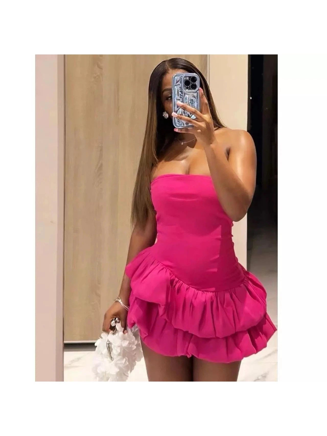 Irregular Tube Asymmetric Ruffled Stitching Rose Red Dress