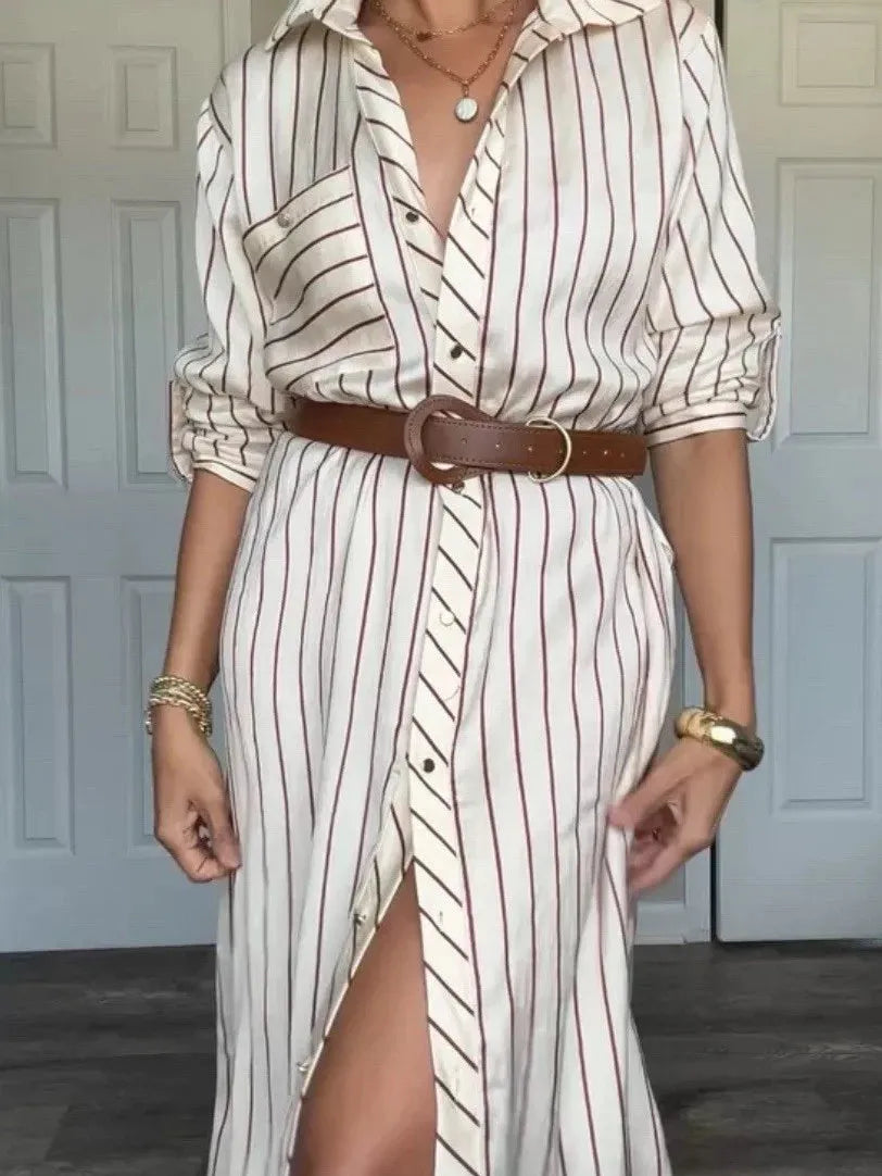 Striped Belted Midi Shirt Dress