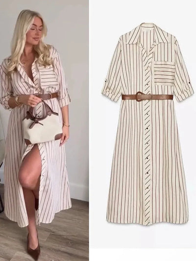 Striped Belted Midi Shirt Dress