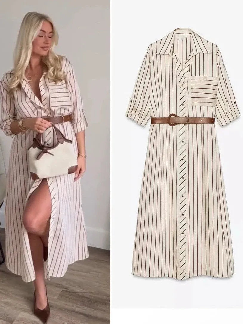 Striped Belted Midi Shirt Dress