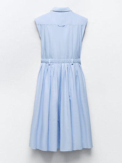 Blue Short Sleeves Midi Dress with Belt