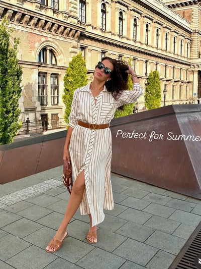 Striped Belted Midi Shirt Dress