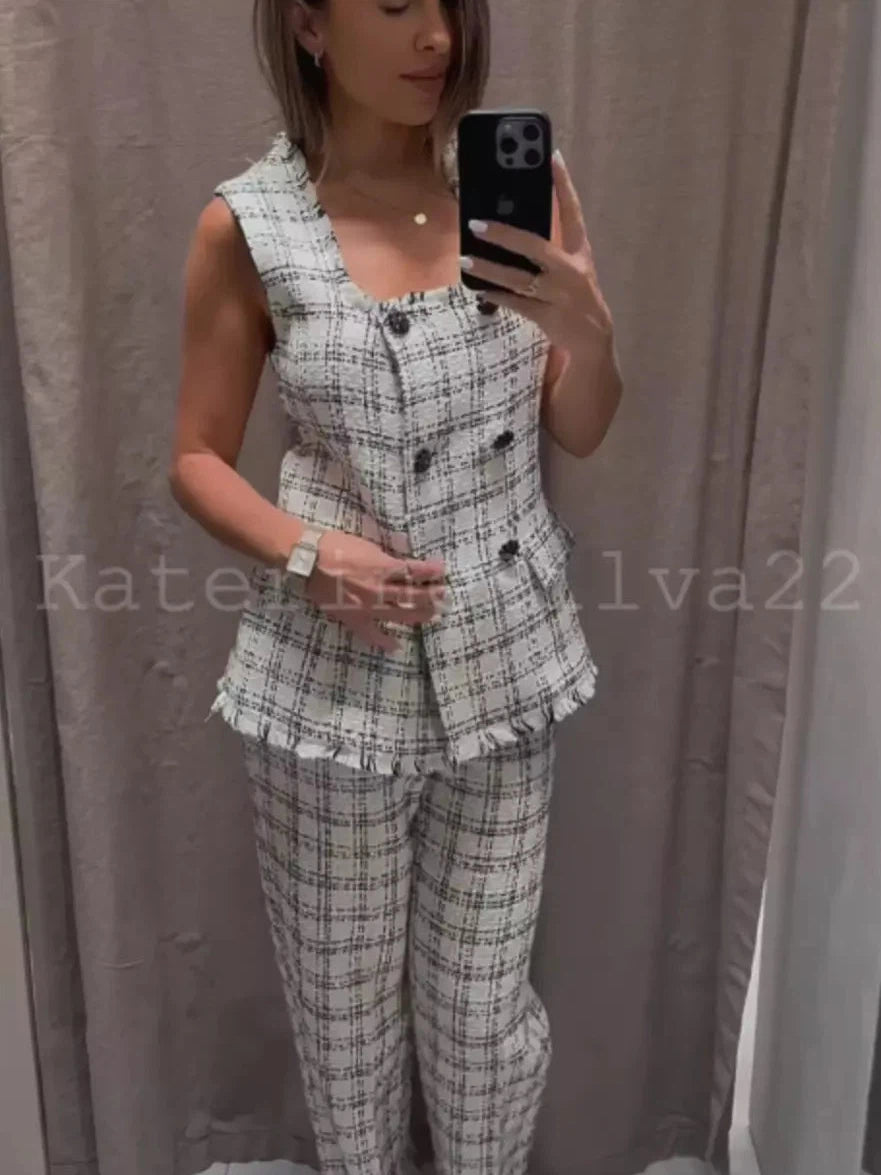 Tweed Long Vest Coat & Pant Coord Set Check