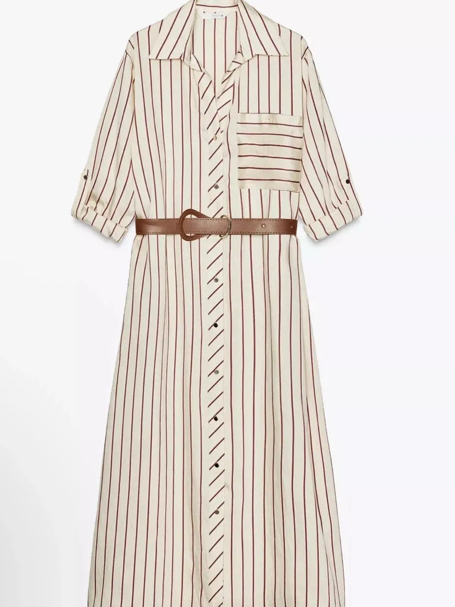 Striped Belted Midi Shirt Dress