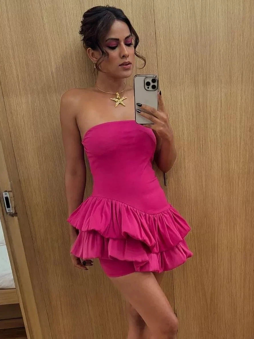 Irregular Tube Asymmetric Ruffled Stitching Rose Red Dress