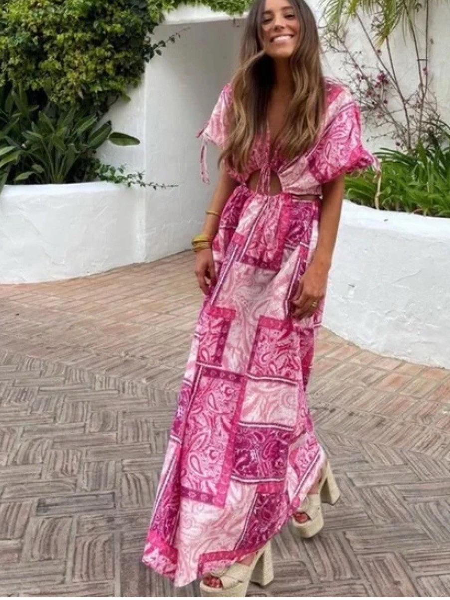 Vintage Print Clara Hollow Out Casual Sleeveless Maxi Dress