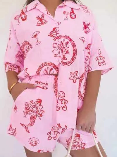 Mermaid Motif Relaxed Shirt & Shorts Set