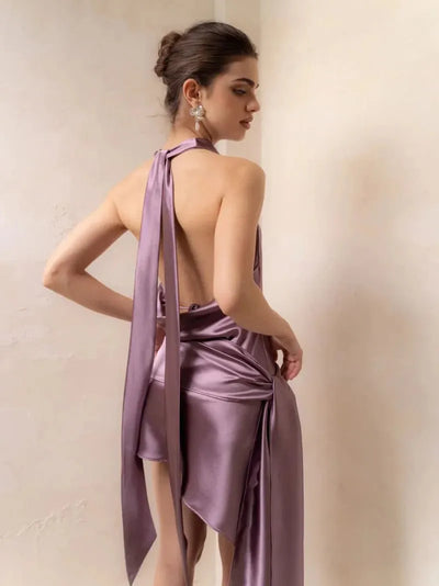 Applique Floral Satin Halterneck Cowl Neck Short Dress