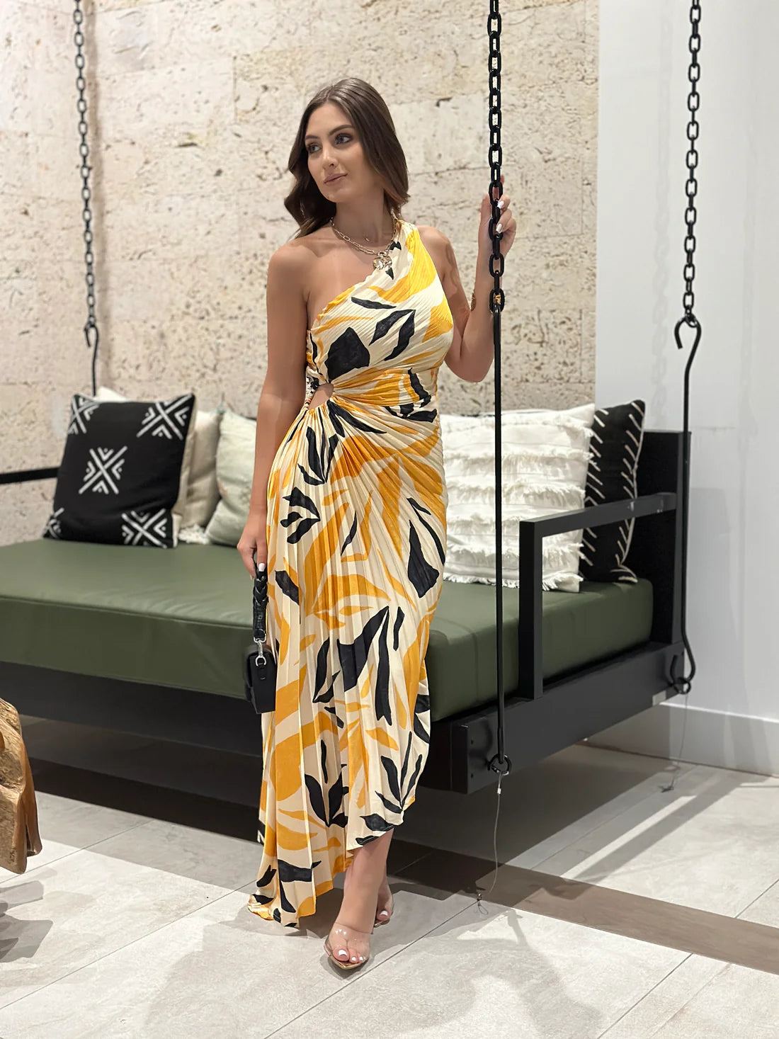Floral Print Pleated One Shoulder Asymmetric Dress