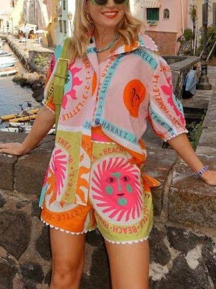 Summer Pink Bright Sun Print Shirt & Shorts Coord Set