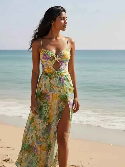 Tropical Print Cut-Out Swimsuit & Maxi Skirt Set