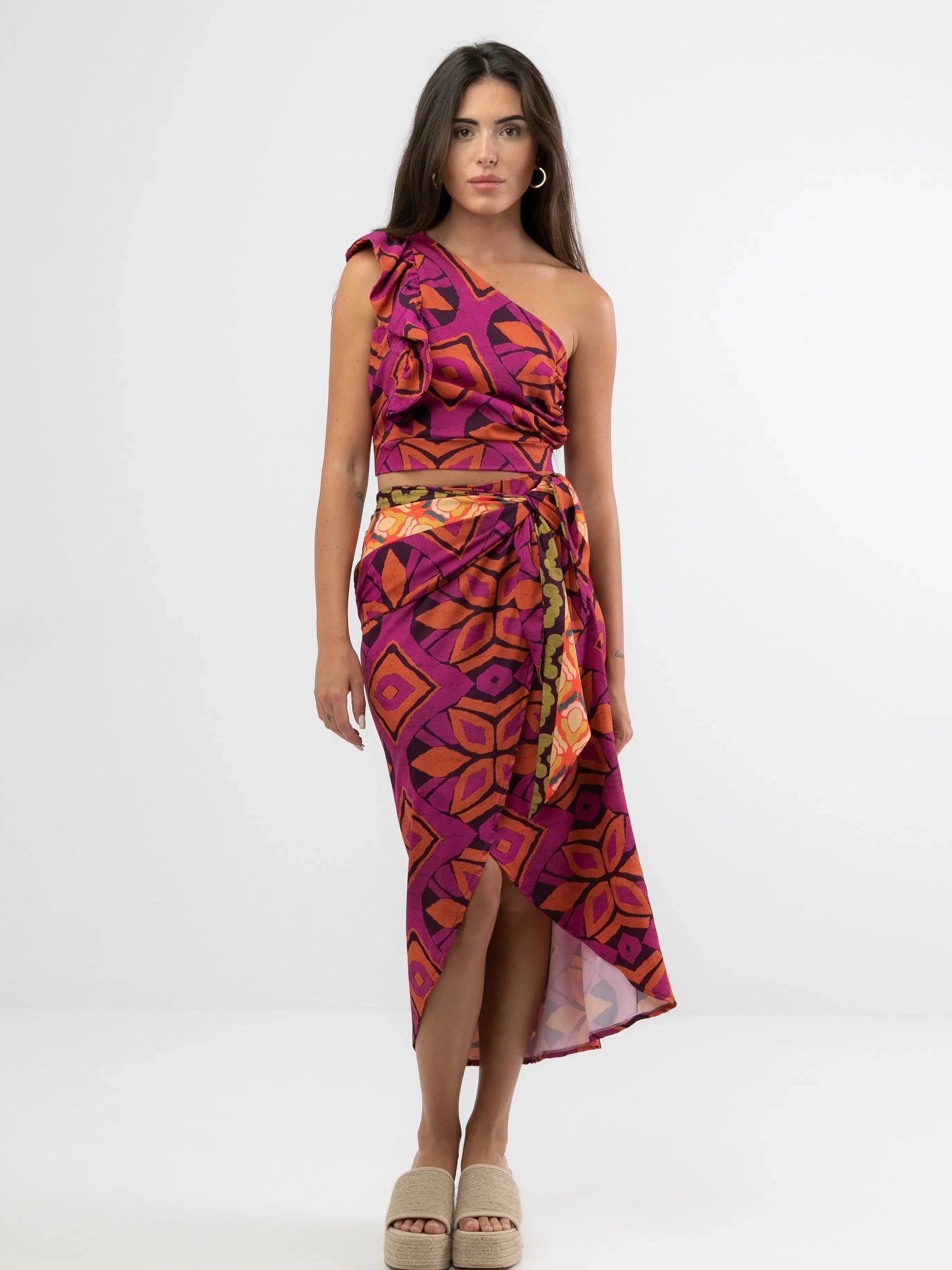 Abstract One Shoulder Ruffle Top & Wrap Skirt Coord Set