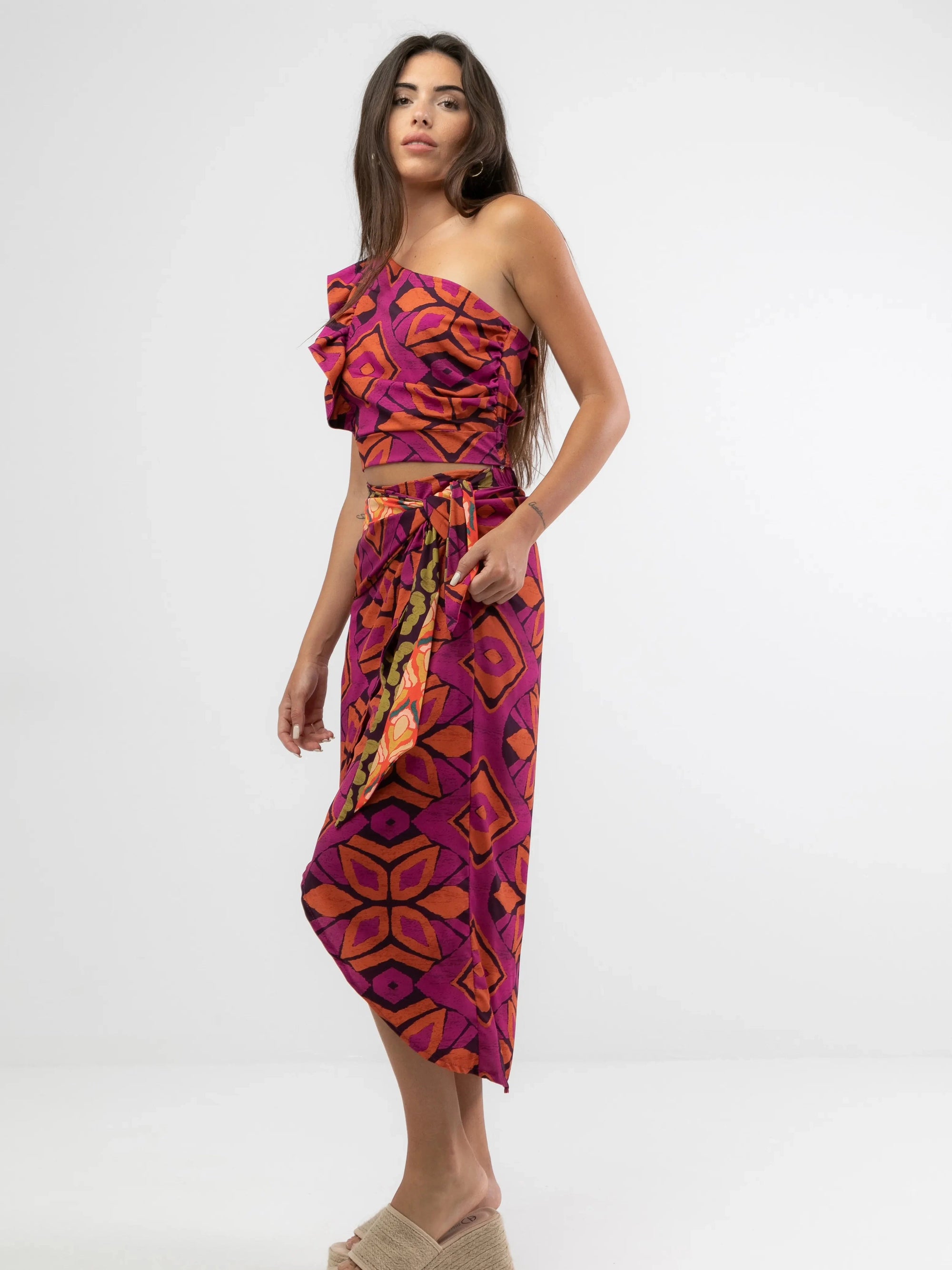 Abstract One Shoulder Ruffle Top & Wrap Skirt Coord Set